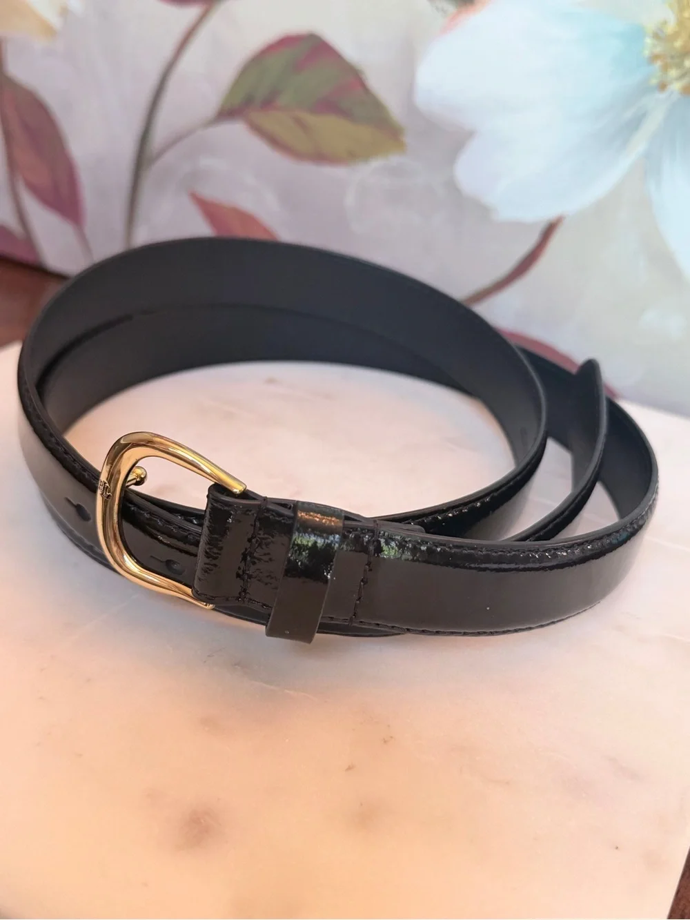 Lauren Ralph Lauren Black Patent Belt with Gold LRL Buckle, size Large (NWOT)